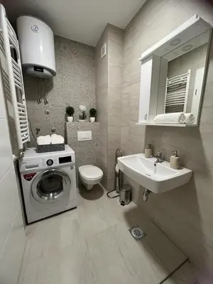a bathroom with a washing machine and a sink at Natalija Stan na dan in Banja Luka