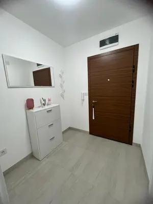 a bathroom with a brown door and a white cabinet at Natalija Stan na dan in Banja Luka