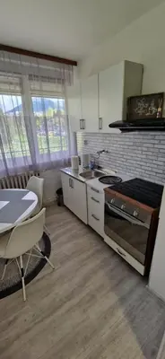 a kitchen with a stove and a sink and a table at VIEW APARTMENT in Visoko