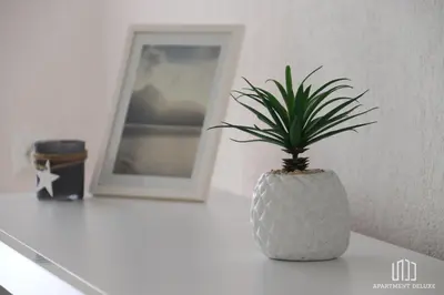 a plant in a white vase sitting on a counter at Apartment Deluxe in Jajce