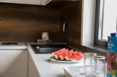 a plate of watermelon on a counter next to a sink at Holiday Home Libera in Bihać