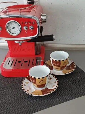 two cups of coffee sitting on plates next to a espresso machine at Rose Apartment in Jajce