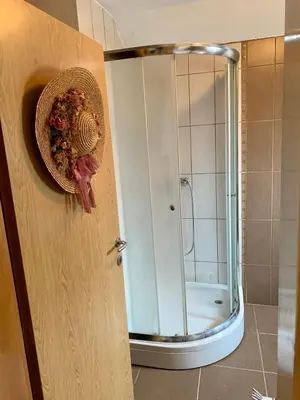a shower with a glass door in a bathroom at Sokograd Attic in Šipovo