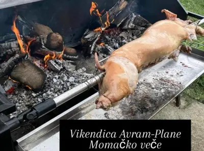 a ham being cooked on a grill with flames at Vikendica Avram-Plane in Plane