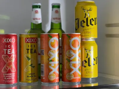 a group of six bottles of beer on a table at STENI Apartman in Doboj