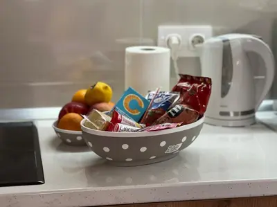 a bowl of fruit sitting on a kitchen counter at STENI Apartman in Doboj