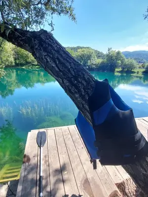 a tree laying on a dock next to a lake at Bosanska kuća Emina in Bihać