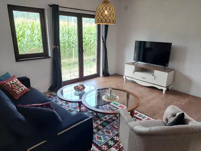 a living room with a couch and a table and a tv at Bosanska kuća Emina in Bihać