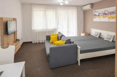 a bedroom with a bed and a couch and a tv at Apartment Titanic 3 in Tuzla