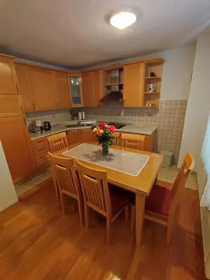 a kitchen with a table with a vase of flowers on it at Barišić in Livno