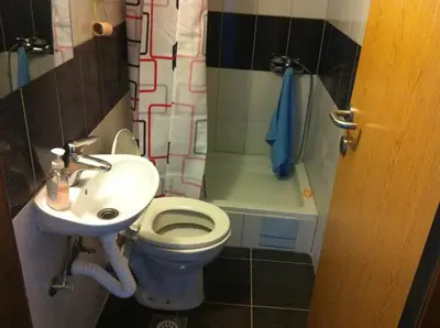 a small bathroom with a toilet and a sink at Apartments Baba Luce in Strica
