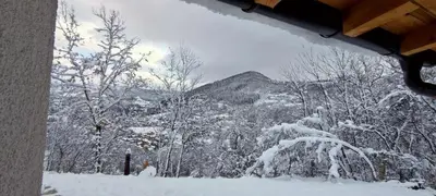 a view from a window of a snow covered forest at Positive vibes in Visoko