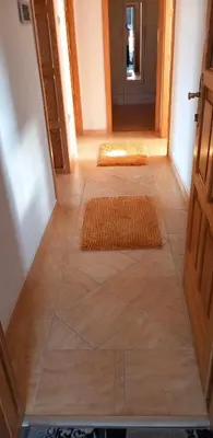 a hallway with a door and two rugs on the floor at Ferienwohnung Sabina in Bosanska Krupa