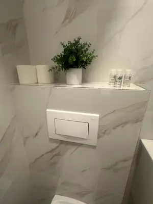 a white bathroom with a toilet and a shelf with a plant at Hotel Piramida Sunca in Visoko