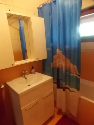 a bathroom with a sink and a blue shower curtain at Kuća za odmor V&E in Bihać