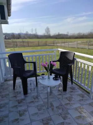 two chairs and a table with flowers on a porch at Vikendica Ninic in Laktaši