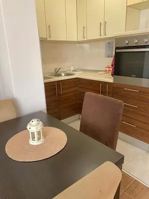 a kitchen with a table and chairs and a kitchen with a stove at Apartman AndjelA in Banja Luka