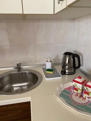 a kitchen counter with a sink and a tea kettle at Apartman AndjelA in Banja Luka
