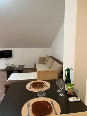 a living room with a table and a couch at Apartman AndjelA in Banja Luka