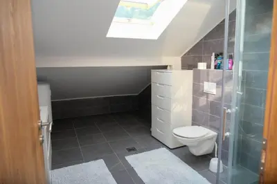 a bathroom with a toilet and a glass shower at Penthouse in Jajce