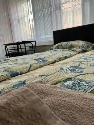 two beds sitting next to each other in a bedroom at Stan na dan, Pazar Tuzla - centar grada in Tuzla