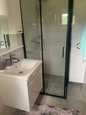 a bathroom with a sink and a glass shower at Bungalow Fly Fishing Kljuc River Sanica in Zolaći