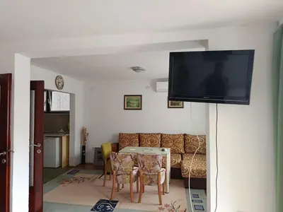 a living room with a couch and a television on a wall at Sunshine Apartments Visoko in Visoko