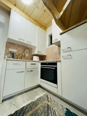 a kitchen with white appliances and a wooden ceiling at Apartments & Homes with the river Una view in Bihać