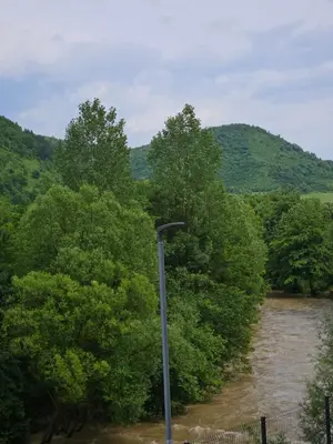 a street light next to a river with trees at ADAV Luxus Apartment in Visoko