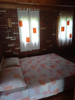 a bedroom with a bed and two windows at Vila Zlaja in Bihać