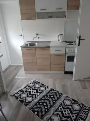 a kitchen with a sink and a rug on the floor at Volijak 18 in Jajce