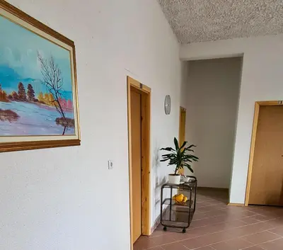 a hallway with a painting on the wall and a table with a plant at Prenoćište Dubravka in Livno