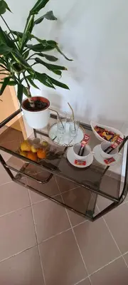 a glass coffee table with food on top of it at Prenoćište Dubravka in Livno