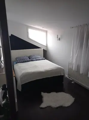 a bedroom with a bed with a window and a white rug at DAMI 2 in Tuzla