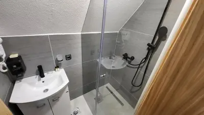 a bathroom with a shower with a sink and a toilet at Janjska Kuća in Šipovo