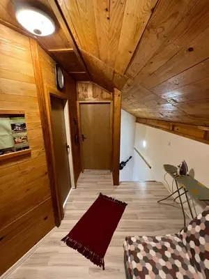 a room with a wooden ceiling with a door at Un Rio Sana in Gornji Ribnik
