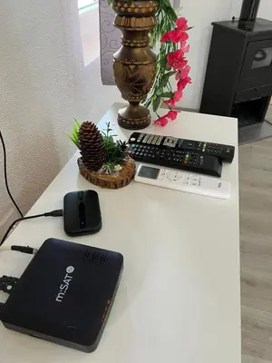 a desk with a laptop computer and a remote control at Un Rio Sana in Gornji Ribnik