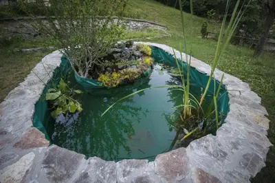 a small pond in the middle of a garden at R&J's Home in Bihać