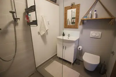 a bathroom with a shower and a toilet and a sink at R&J's Home in Bihać
