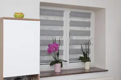 a window with two flowers in vases on a window sill at Ema Apartman in Livno