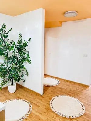 three white rugs on the floor in a room with a plant at Apartman Citadel in Gradačac