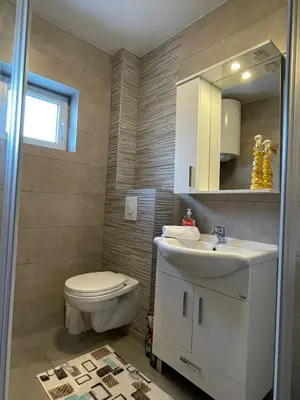 a bathroom with a sink and a toilet and a mirror at Apartment Una in Kupres