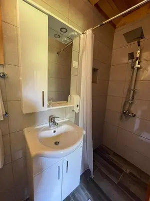 a bathroom with a white sink and a shower at Etno zona Oaza mira in Donji Vakuf