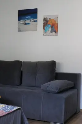 a blue couch in a living room with two pictures on the wall at Blue Apartment in Bihać