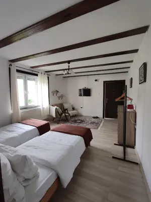 a bedroom with two beds and a living room at Sobe RoomsBella in Ripač