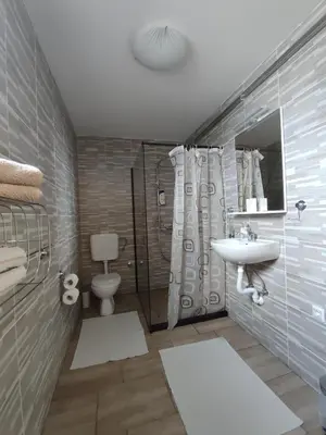 a bathroom with a sink and a toilet and a shower at Sobe RoomsBella in Ripač