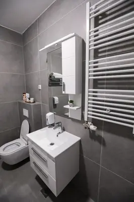 a bathroom with a white sink and a toilet at Apartman Ana in Banja Luka