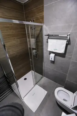 a bathroom with a shower and a toilet at Apartman Ana in Banja Luka