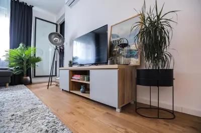 a living room with a tv and a plant at Apartman Ana in Banja Luka