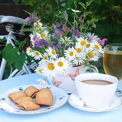 a cup of coffee and cookies on a table with flowers at Holiday Home Casa Rondo in Bihać